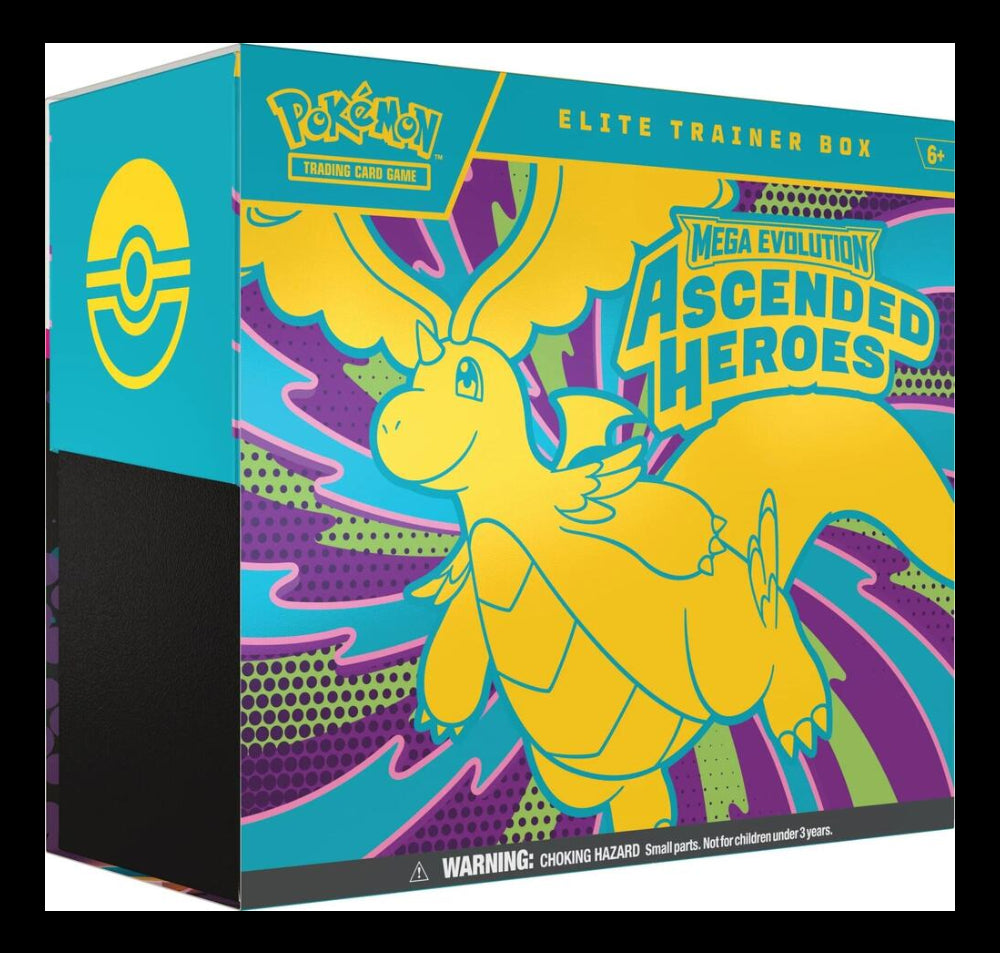 Pokémon Elite Trainer Box with Mega Evolution Ascended Heroes design on a colorful background